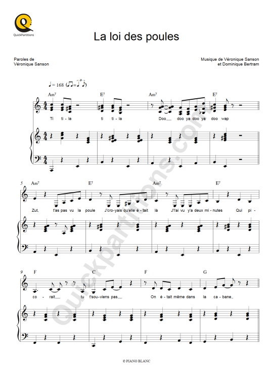 Partition piano La loi des poules - Véronique Sanson