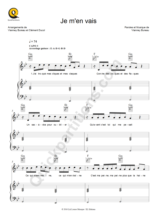 Partition piano Je m'en vais - Vianney