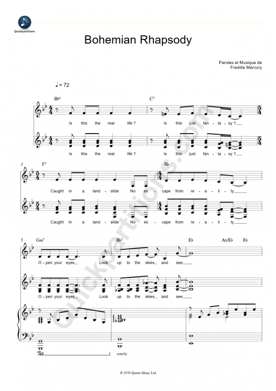 Partition piano Bohemian Rhapsody - Queen