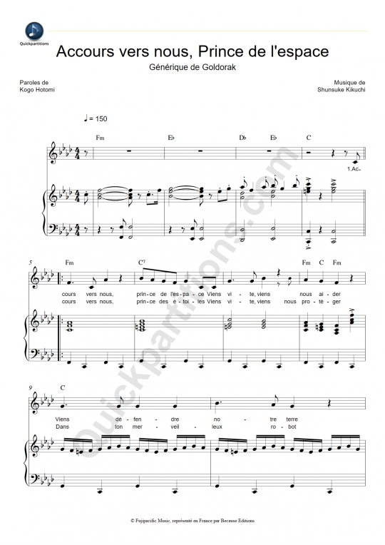 Accours vers nous, prince de l'espace (Goldorak) Piano Sheet Music - Enriqué