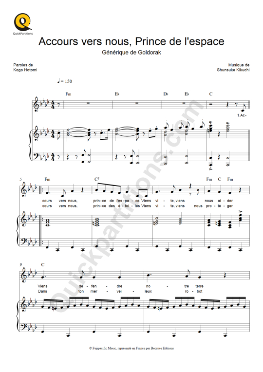 Partition piano Accours vers nous, prince de l'espace (Goldorak) - Enriqué