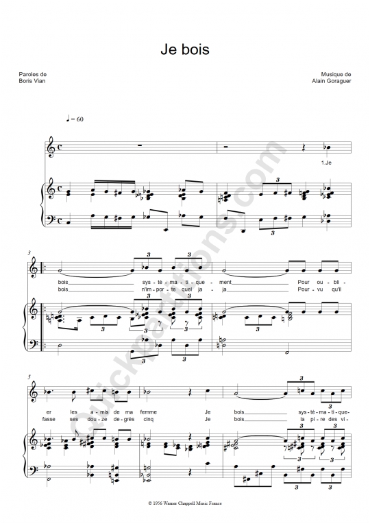 Partition piano Je bois - Boris Vian