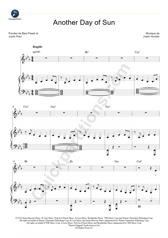 Another Day of Sun Piano Sheet Music from La La Land