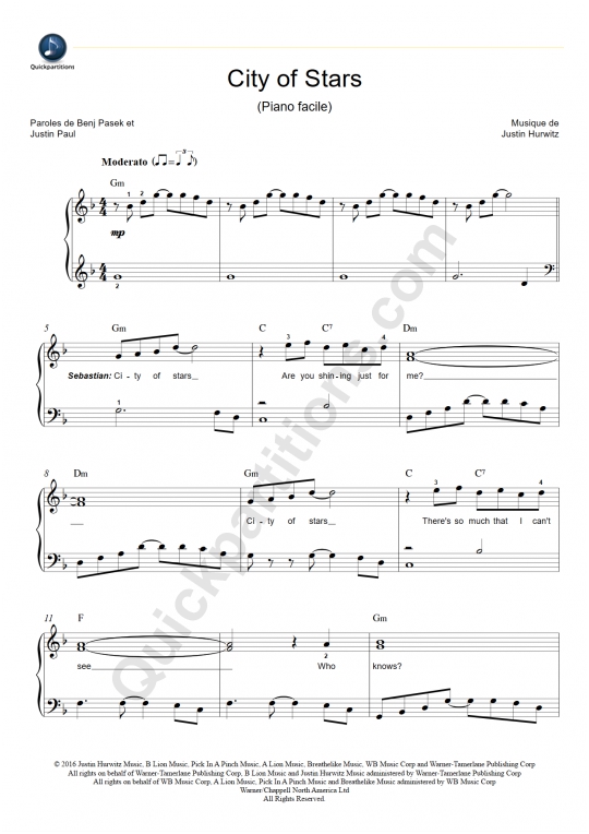 City of Stars Easy Piano Sheet Music - La La Land
