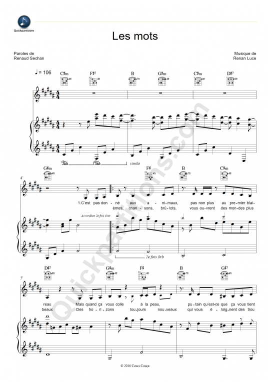 Les mots Piano Sheet Music - Renaud