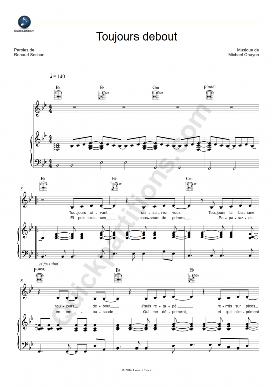Toujours debout Piano Sheet Music - Renaud