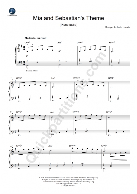 Mia and Sebastian's Theme Easy Piano Sheet Music - La La Land