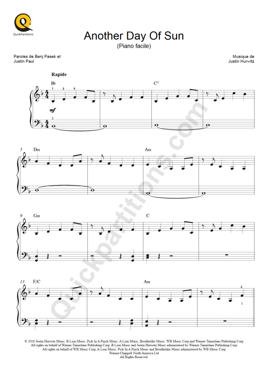 Partition piano facile Another Day of Sun - La La Land