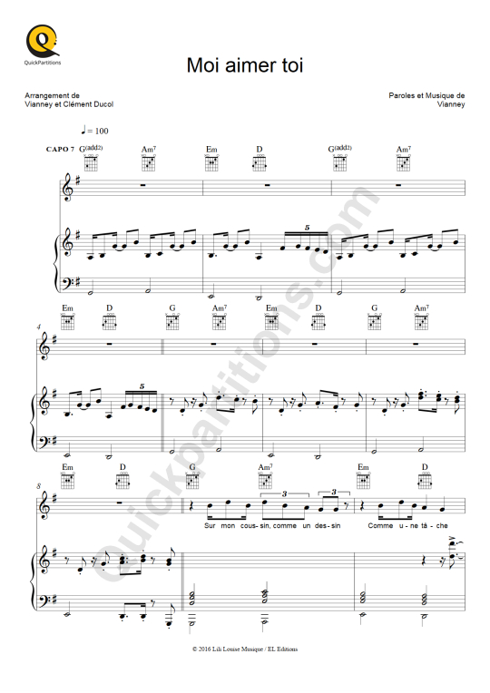 Moi aimer toi Piano Sheet Music - Vianney