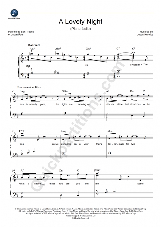 A Lovely Night Easy Piano Sheet Music - La La Land
