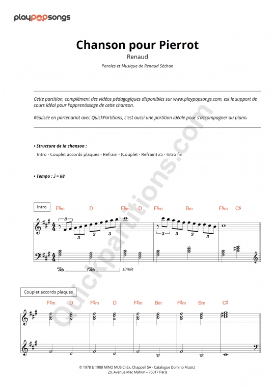 Support de cours Chanson pour Pierrot - PlayPopSongs
