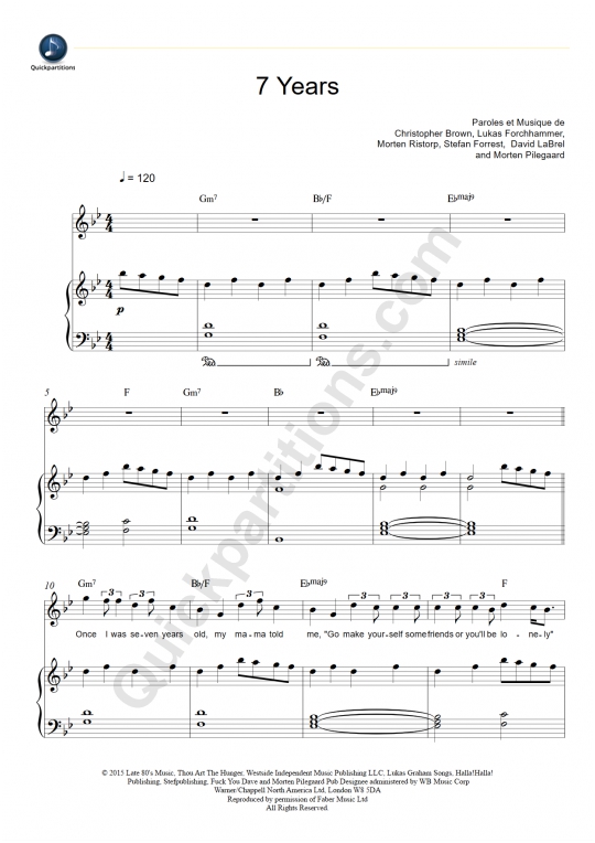 7 Years Piano Sheet Music - Lukas Graham