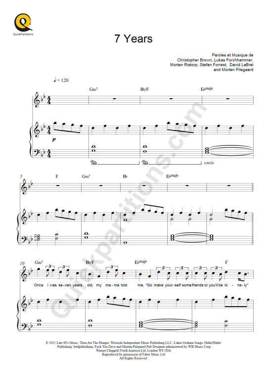 7 Years Piano Sheet Music - Lukas Graham