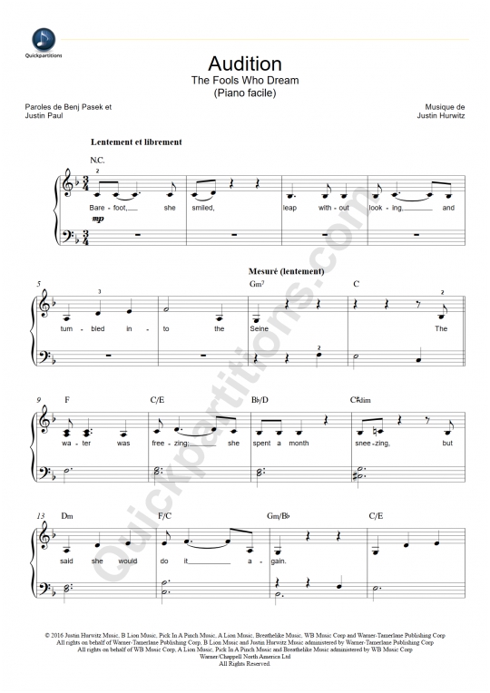 Audition Easy Piano Sheet Music - La La Land