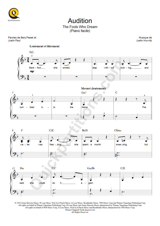 Partition piano facile Audition - La La Land
