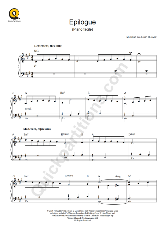 Partition piano facile Epilogue - La La Land