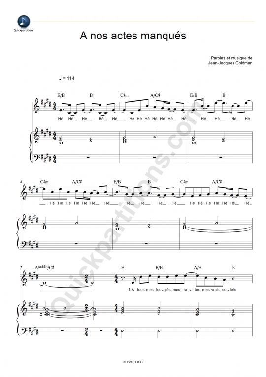 A nos actes manqués Piano Sheet Music - Jean-Jacques Goldman