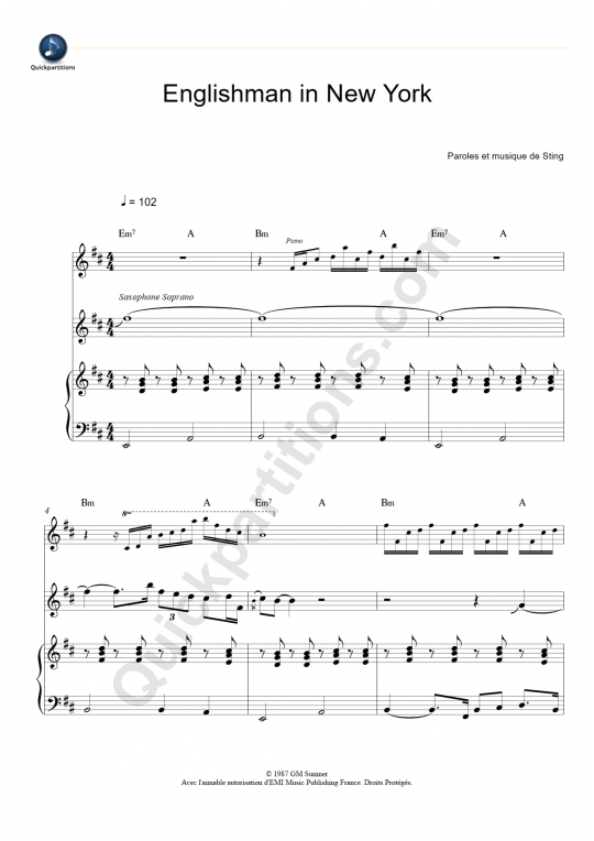 Englishman in New York Piano Sheet Music - Sting
