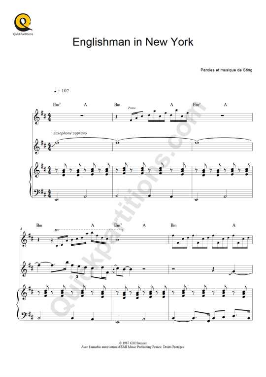 Partition piano Englishman in New York - Sting