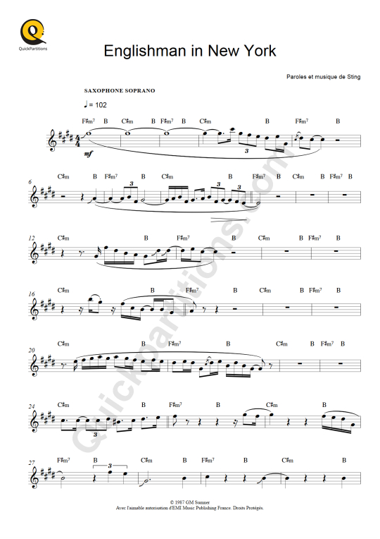 Partition saxophone soprano Englishman in New York - Sting