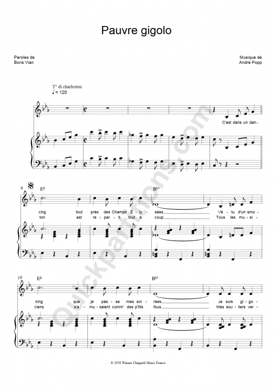 Partition piano Pauvre gigolo - Boris Vian