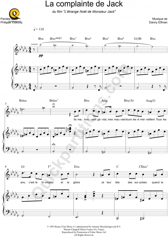 La complainte de Jack Piano Sheet Music - L'étrange Noël de Monsieur Jack