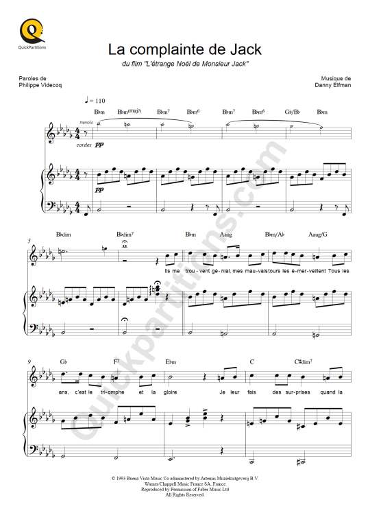 La complainte de Jack Piano Sheet Music - L'étrange Noël de Monsieur Jack