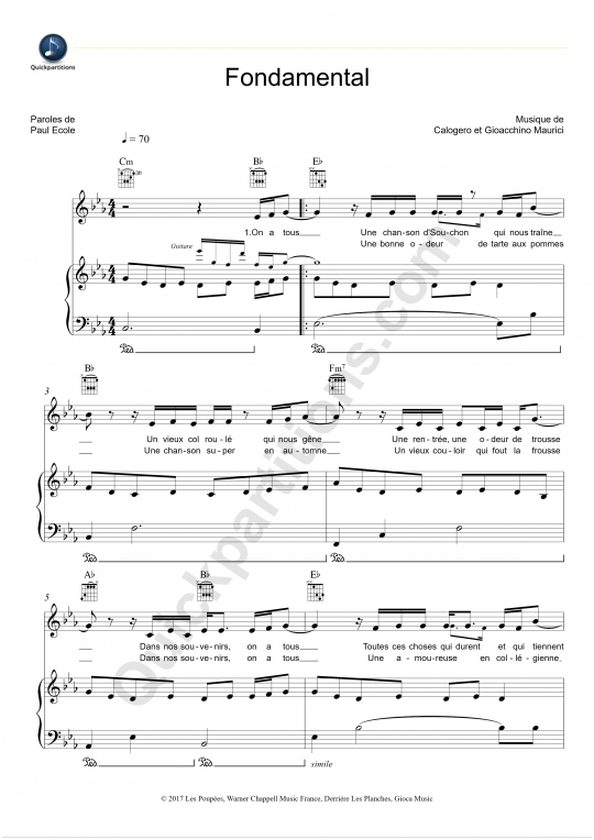 Fondamental Piano Sheet Music - Calogero