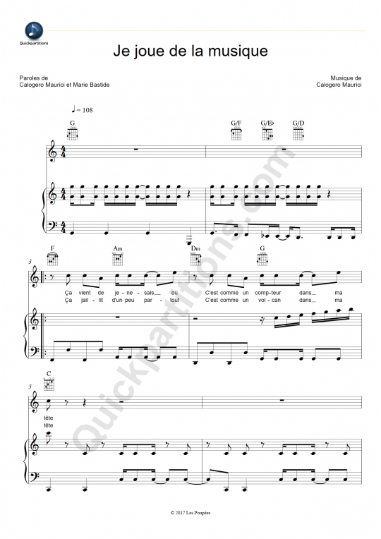 Je joue de la musique Piano Sheet Music - Calogero