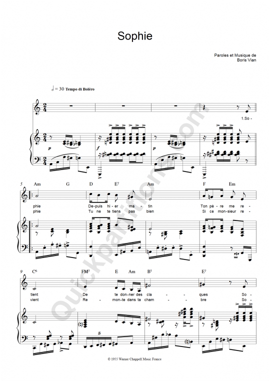 Partition piano Sophie - Boris Vian