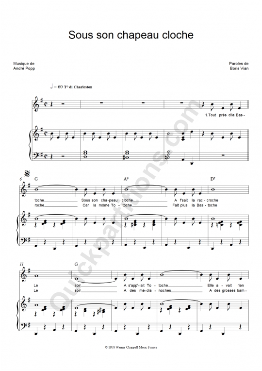 Partition piano Sous Son Chapeau Cloche - Boris Vian