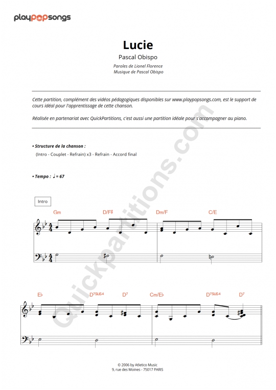 Partition piano Lucie - PlayPopSongs (Partition Digitale)