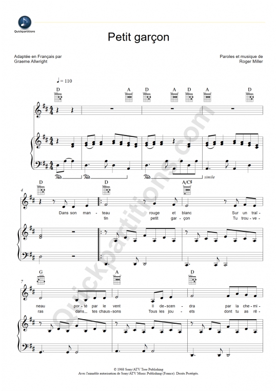 Petit garçon Piano Sheet Music - Graeme Allwright
