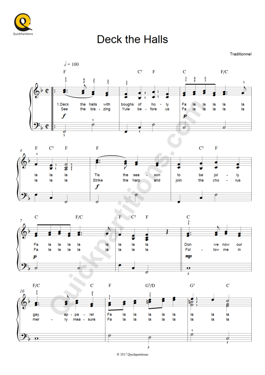 Partition piano Deck the Halls - Noël