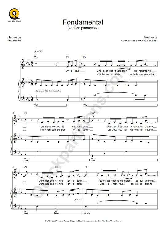 Partition piano Fondamental (version piano/voix) - Calogero