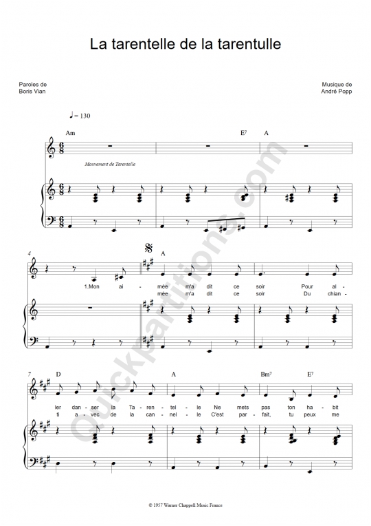 Partition piano La tarentelle de la tarentule de Boris Vian