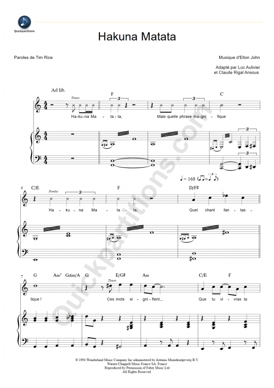 Hakuna Matata Piano Sheet Music - Le Roi Lion