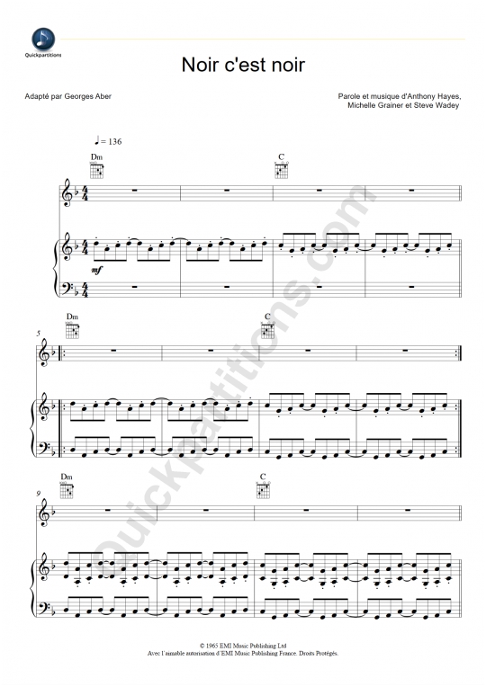 Noir c'est noir Piano Sheet Music - Johnny Hallyday
