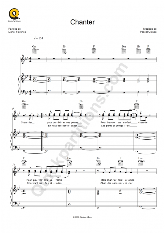Chanter Piano Sheet Music - Florent Pagny