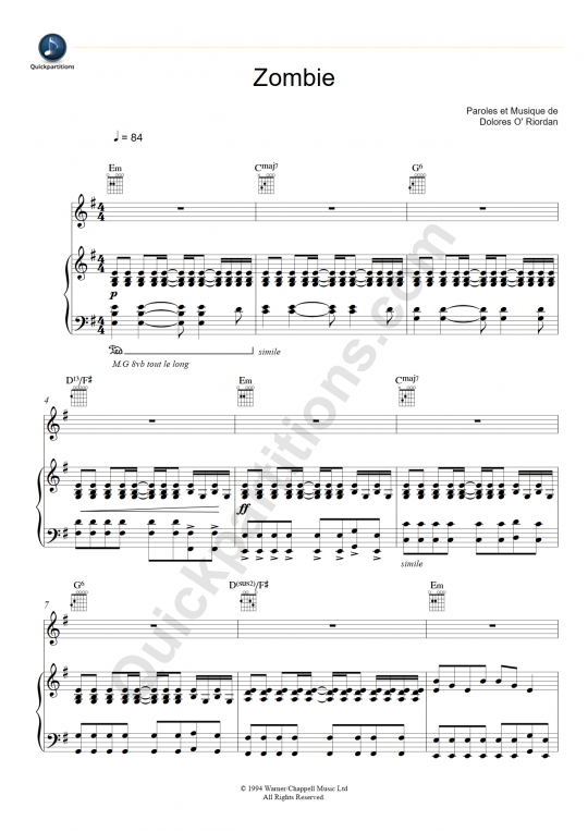 Zombie Piano Sheet Music - The Cranberries