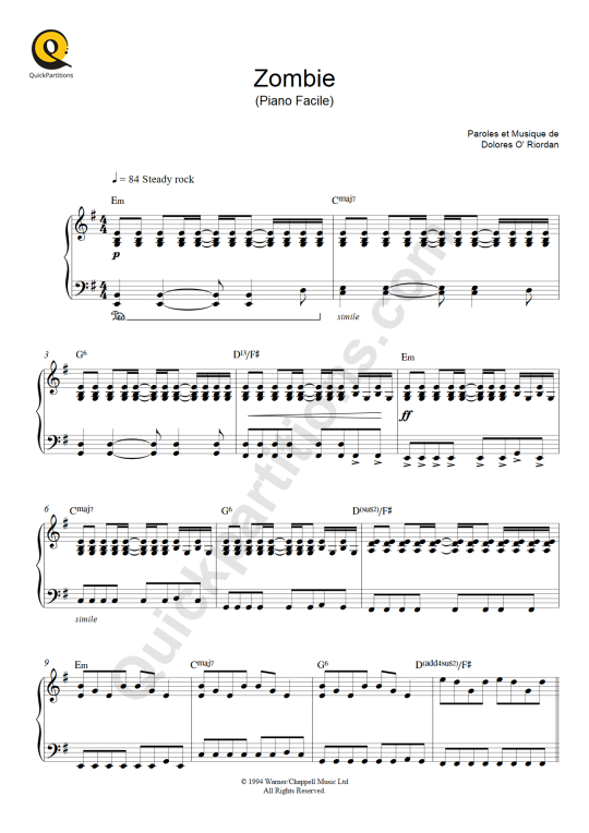 Zombie Easy Piano Sheet Music The Cranberries Digital Sheet Music