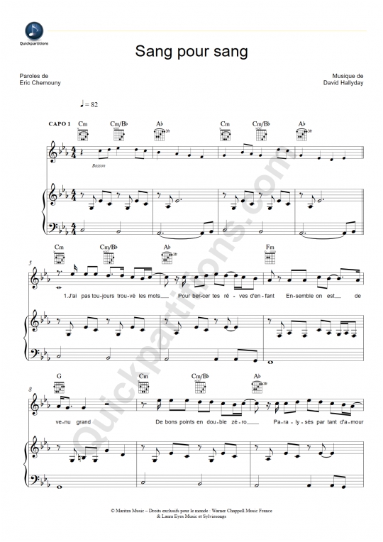 Sang pour sang Piano Sheet Music - Johnny Hallyday