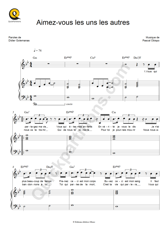 Aimez-vous les uns les autres  Piano Sheet Music - Jésus, la fresque musicale