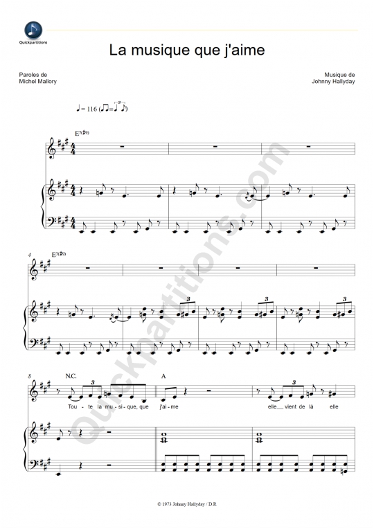 Partition piano La musique que j'aime - Johnny Hallyday