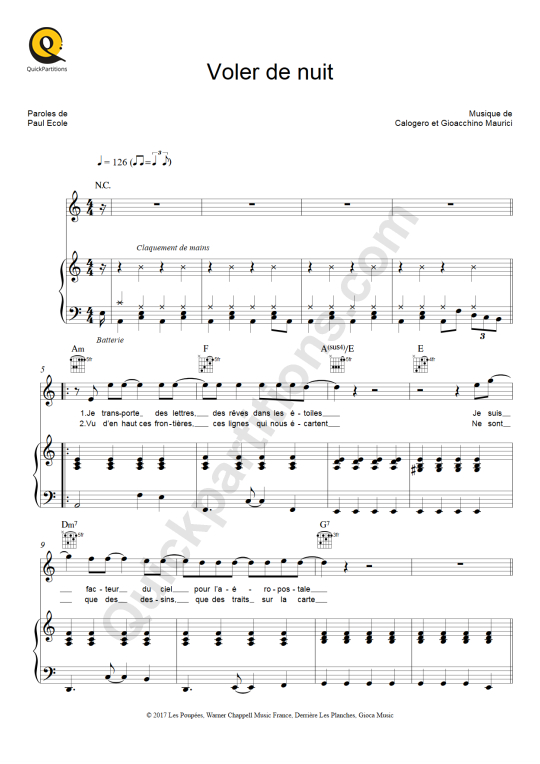 Partition piano Voler de nuit - Calogero