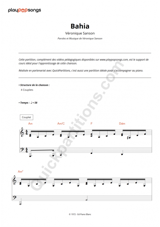 Support De Cours Bahia Playpopsongs Partition Digitale