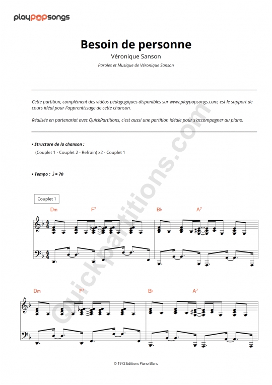 Support de cours Besoin de personne de PlayPopSongs