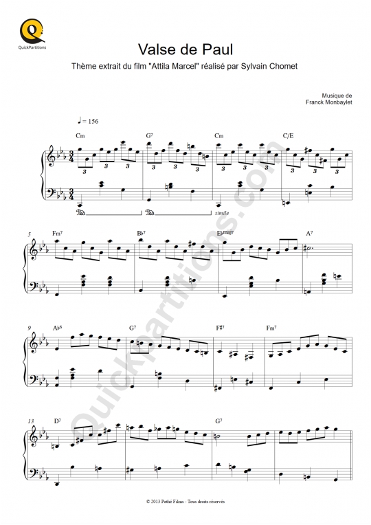 Partition piano Valse de Paul - Franck Monbaylet