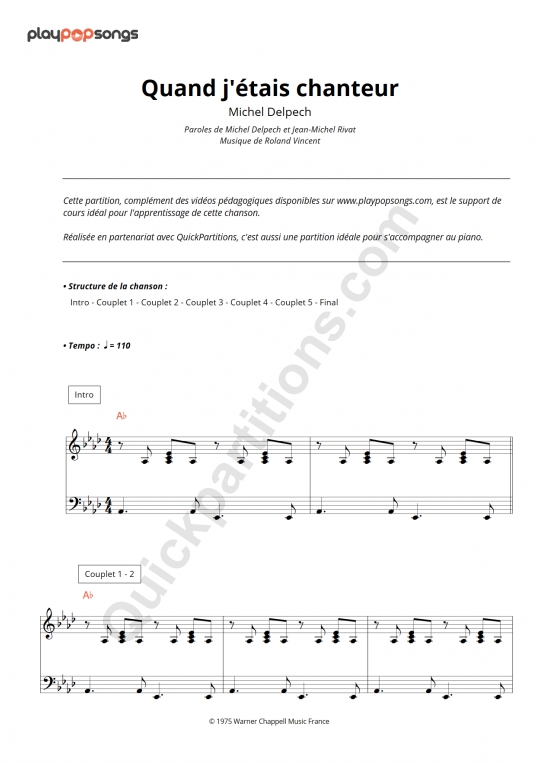 Support De Cours Quand J Etais Chanteur Playpopsongs Partition Digitale
