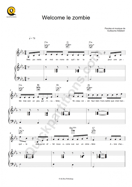 Welcome le zombie Piano Sheet Music from Aldebert